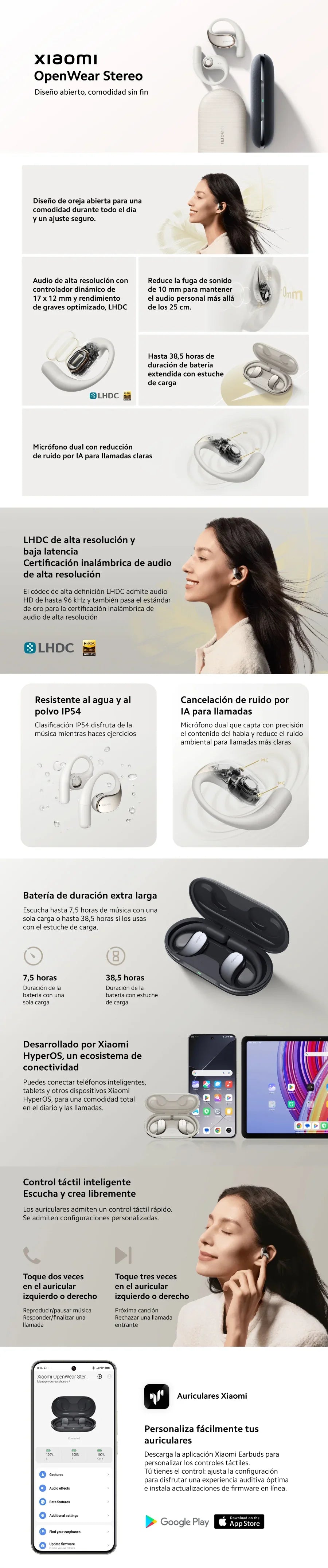 Auriculares Inalámbricos Xiaomi OpenWear Stereo, Sonido Hi-Res, Ajuste Cómodo, Cancelación Ruido