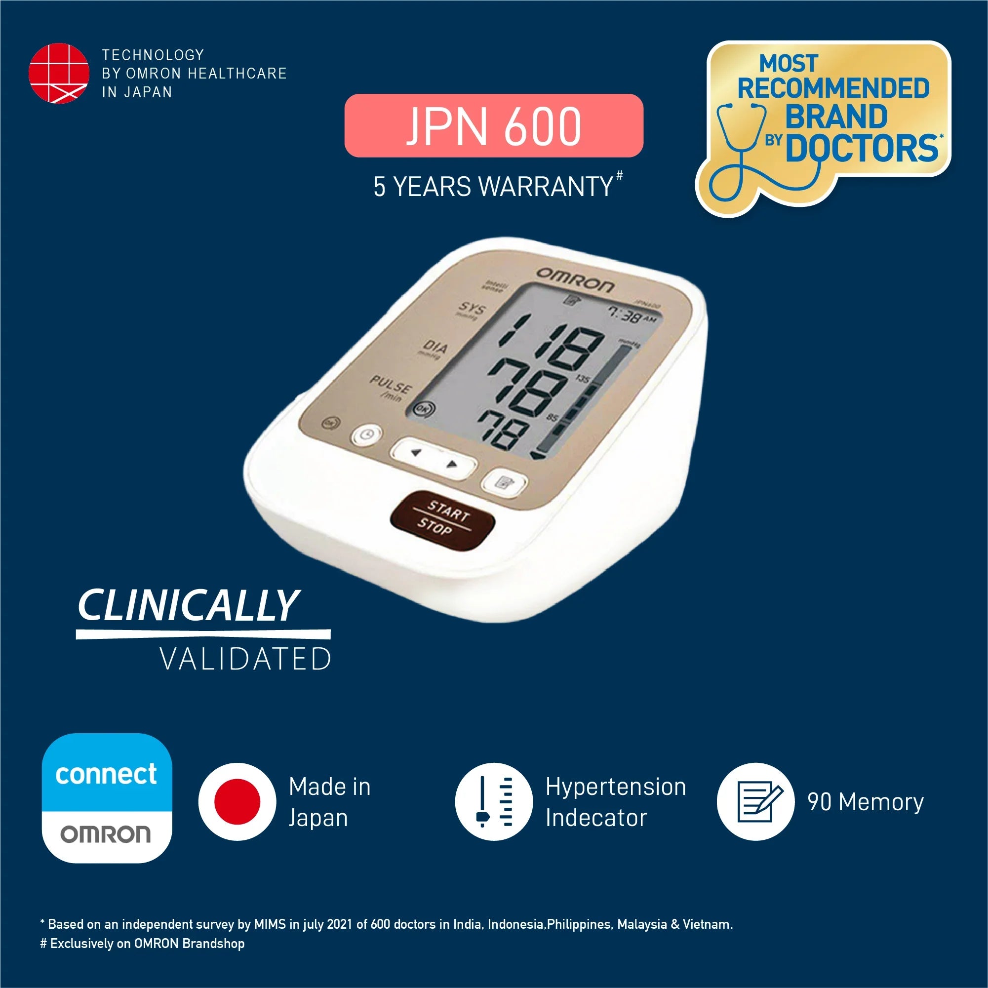 Omron JPN 600 Monitor de Presión Arterial con Memoria 90