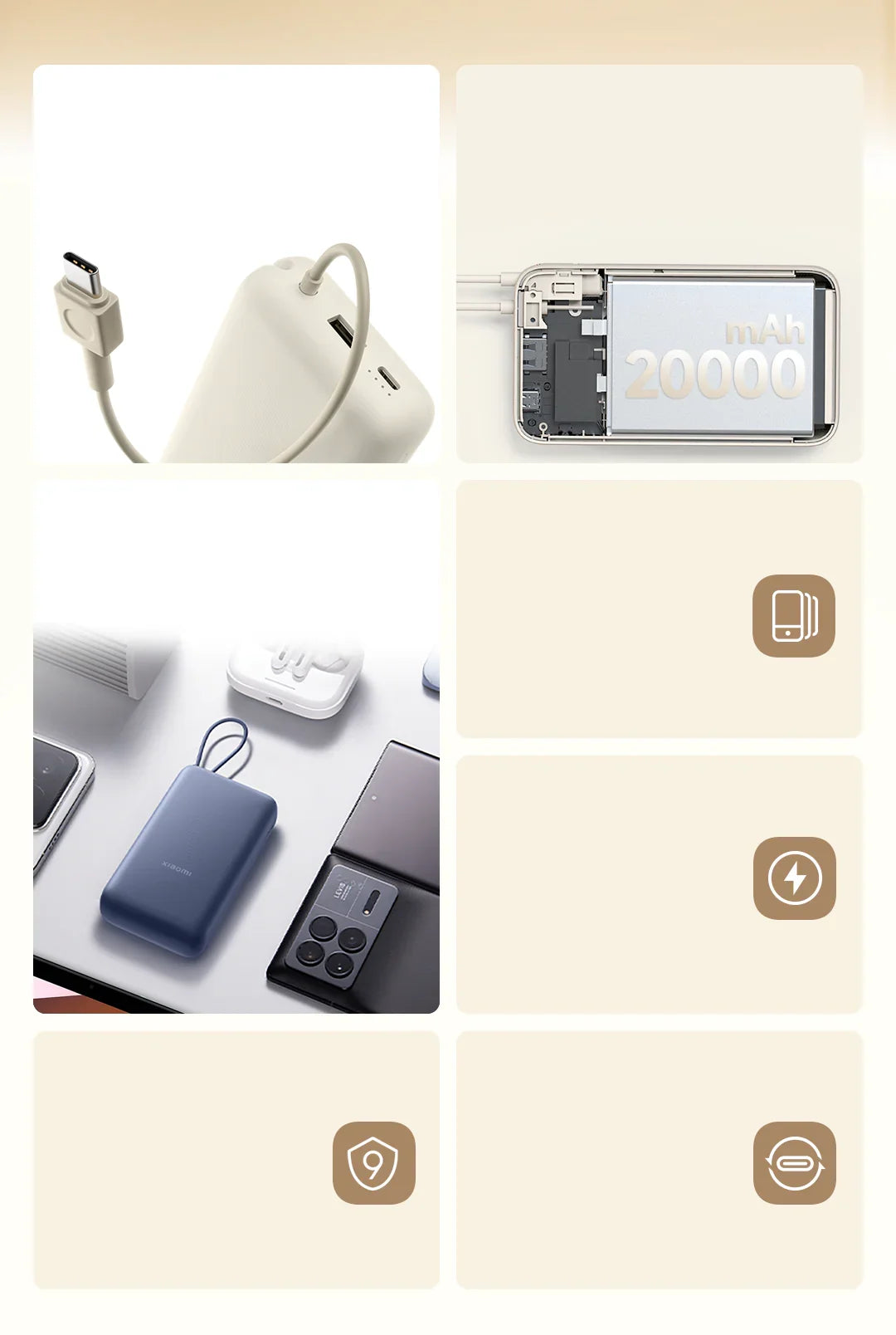 Batería Externa Xiaomi 33W 20000mAh con Cable Integrado Carga Rápida