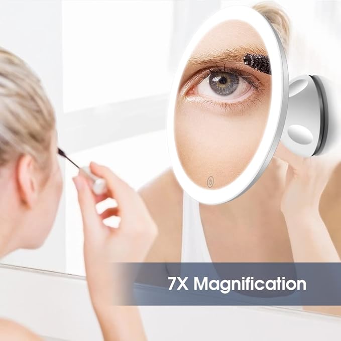 Espejo de Maquillaje LED Magnificador 7x con Ventosa, Rotación 360°, Recargable y Portátil